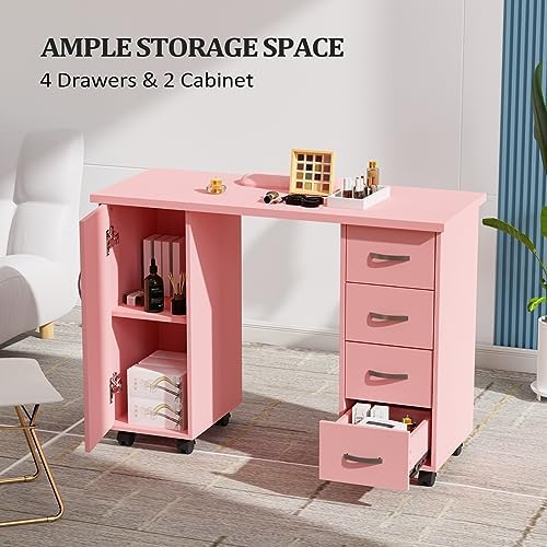 OmySalon Manicure Table Nail Desk with Cabinet, Drawers, Wheels & Wrist Rest, Spa Salon Beauty Home Wooden Technician Workstation for Nail Tech, Pink - Image 2