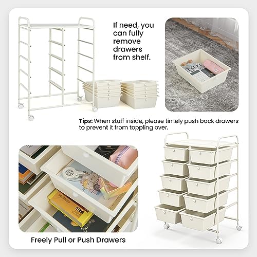 Giantex 10 Drawers Rolling Cart, Classroom Organizers, Storage Cart with Wheels, for Teacher Office Home School Supplies Tool Craft Art Paper, Ivory Color - Image 5