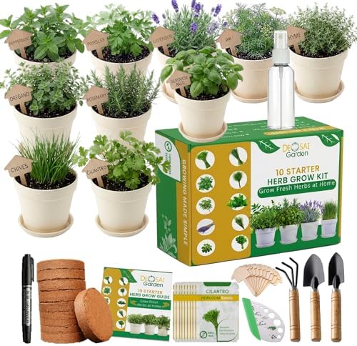 47 PCS Herb Garden Seeds Starter Kit, 10 Non-GMO Culinary Herb Seeds with Beige Pots & Planters for Windowsill, Herb Growing Kit Indoor & Outdoor, Unique Herb Garden Gift Set for Gardening Lovers by DESAIGarden