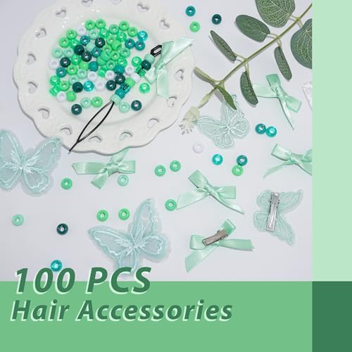 100PCS Hair Beads Green Mini Bow Clips Lace Embroidery Butterfly Hair Clips Acrylic Gradient Pony Beads Cute Loc Hair Accessories for Girls Kids - Image 4