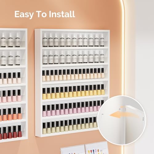 OmySalon Nail Polish Organizer Wall Mount - Holds 120+ Bottles with Acrylic Barrier, Salon Display Rack for Home Spa & Nail Studio - Assembly Required, Wooden Polish Storage (White, 6-Tier) - Image 6