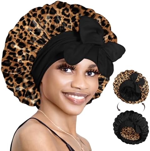 Bonnet Queen Silk Bonnet for Sleeping Satin Bonnet Hair Bonnet Satin Lined Bonnets Double Layer Bonnets Adjustable Tie Bonnets Night Cap For Curly Hair Leopard by BonnetQueen