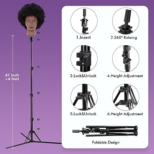100% African Mannequin Head Human Hair,4C Afro Curly Cosmetology Manican Manikin Doll Head with 47“ Mannequin Head Stand,Table Calmp,Braiding Set for Display Practice Braiding Styling Training - Image 5
