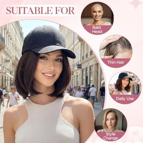 SEGO Baseball Cap with Hair Extensions for Women Heat Resistant Synthetic 6" Adjustable Short Straight Hairpiece Replacement Wigs in Black Hat for Girls 16P613 Ash Blonde Mix Bleach Blonde - Image 4