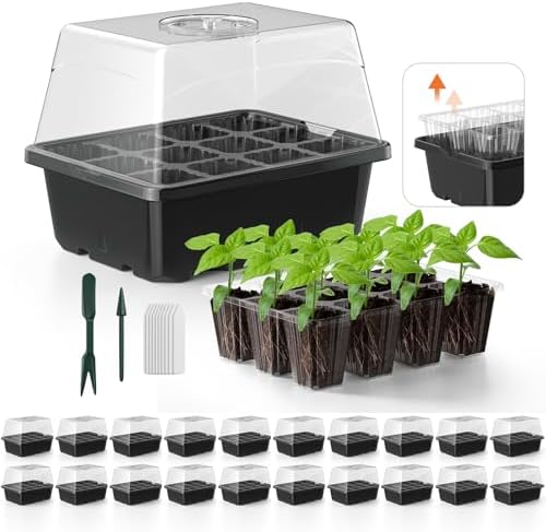 Seed Starter Tray, 20PCS Seed Starter Kit, Seedling Starter Trays with Heightened Lids for Seed Staring, Indoor Gardening Plant Germination Trays (12 Cells per Tray) Black by POROLIR