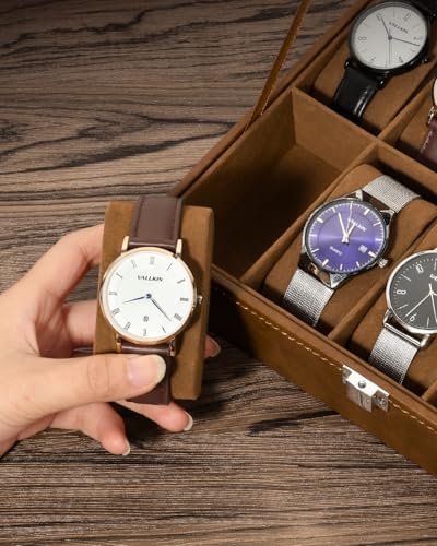 Uten 10-Slot Watch Box, PU Leather Watch Case with Glass Lid, Brown - Image 6