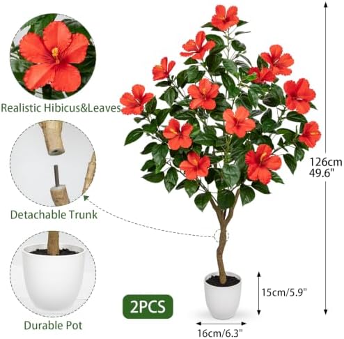 Briful 49.6" Artificial Hibiscus Trees 2 Pack, Faux Tropical Plants, Red - Image 4