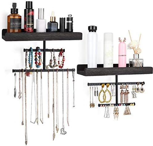 Keebofly Hanging Wall Mounted Jewelry Organizer with Rustic Wood Jewelry Holder Display for Necklaces Bracelet Earrings Ring Set of 2 Black,[Patented] by Keebofly
