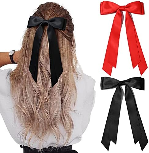 2PCS Silky Satin Hair Bows Hair Clip Black Red Hair Ribbon Ponytail Holder Accessories Slides Metal Clips Hair Bow for Women Girls Toddlers Teens Kids by AILEAM