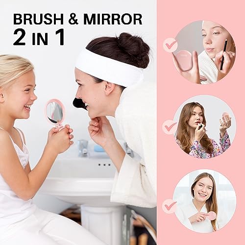 RHOS Folding Brush with Mirror for Women, Girls - Compact Pocket Portable Hair Brush with Soft Nylon Bristles for Purse and Travel (Pink) - Image 3