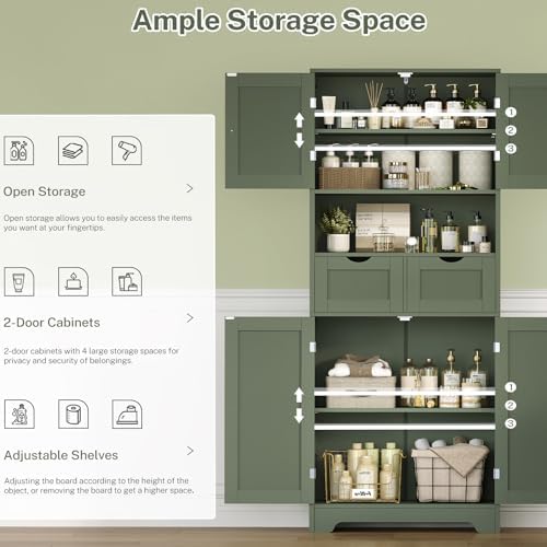 Iwell 58" H Tall Bathroom Storage Cabinet with 2 Drawers & 2 Adjustable Shelves, Bathroom Cabinet with 4 Doors, Tall Cabinet for Living Room, Dining Room, Entryway, Forest Green - Image 4