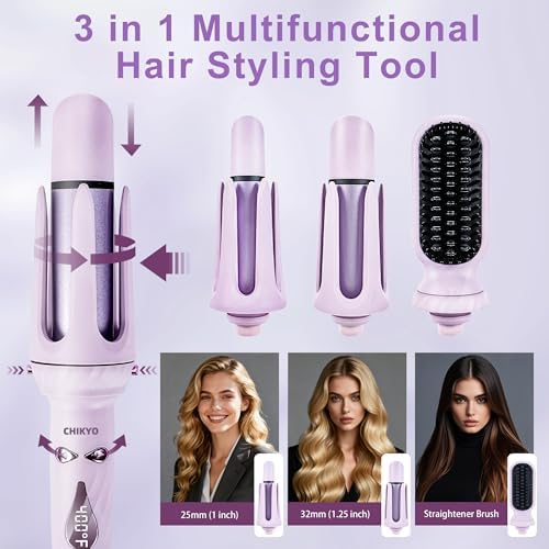 CHIKYO 3 in 1 Multifunctional Hot Tool, Automatic Curling Irons with 2 Ceramic Barrel(1", 1.25") & Hair Straightener Brush, Hair Curler & Straightening Comb, Purple - Image 2