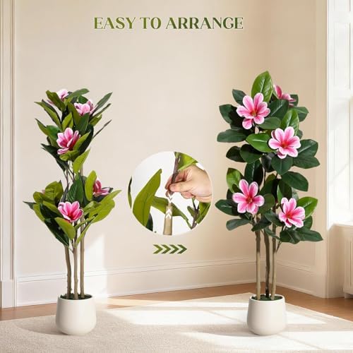 4FT Artificial Fiddle Leaf Fig Tree with Magnolia Flowers, Faux Rubber Tree Floor Plant in White Planter, Realistic Fake Tree for Indoor Home Office Living Room Entryway Decor - Image 4