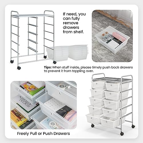 Giantex 10 Drawers Rolling Cart, Classroom Organizers, Storage Cart with Wheels, for Teacher Office Home School Supplies Tool Craft Art Paper, Clear White - Image 5