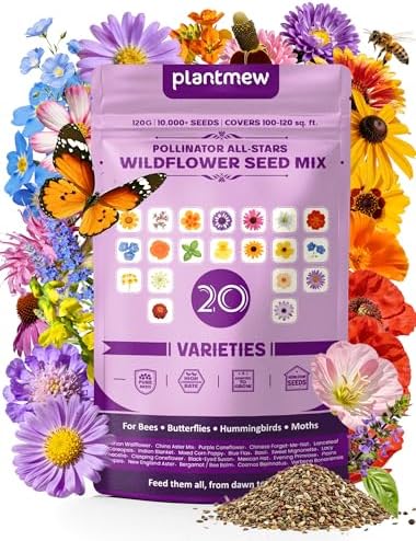 Wildflower Seeds Mix – Pollinator All-Stars, 20 Heirloom Varieties, 10,000+ Seeds (4oz) Covers 100-120 sq.ft. – High Germination for Bees, Butterflies, Hummingbirds & Moths Outdoor Garden by PLANTMEW
