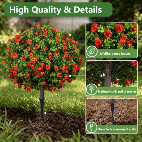 25.6'' Artificial Boxwood Topiary Plants with Red Flowers, 2 Set with Spike - Image 3
