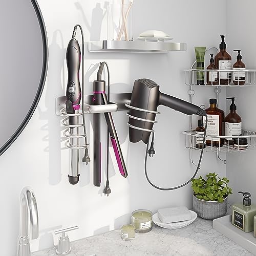 hicorfe Hair Dryer Holder 3 in 1 Hair Tool Organizer,Blow Dryer Holder Wall Mounted,Bathroom Bedroom Care Styling for Flat Iron,Curling Iron,Hair Straightener（Silver） by Hicorfe