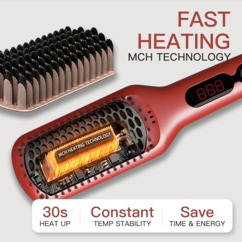 MEGAWISE Ceramic Ionic Hair Straightener Brush, Dual Voltage, Red - Image 3