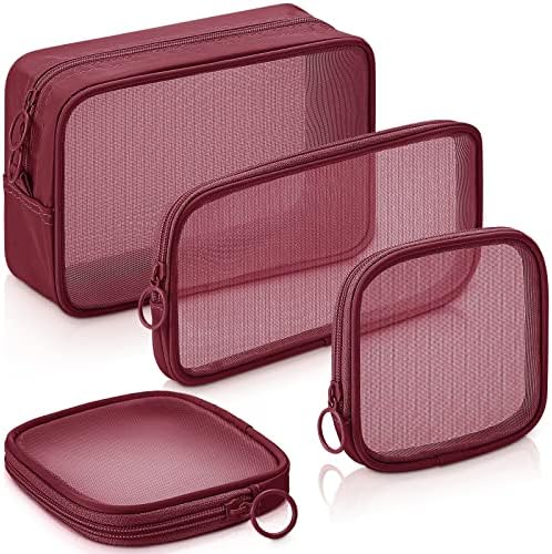 Weewooday 4Pcs Mesh Makeup Bag, Wine Red, Small, Large, Medium, Classic by Weewooday