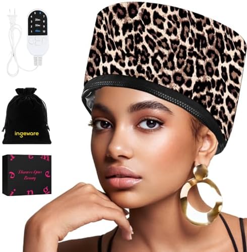 Heat Cap for Deep Conditioning, Ingeware Thermal Cap for Hair Steamer Cap for Natural Hair Portable Electric Heat Hair Spa Cap for Home Use Pattern (Leopard Print) by ingeware