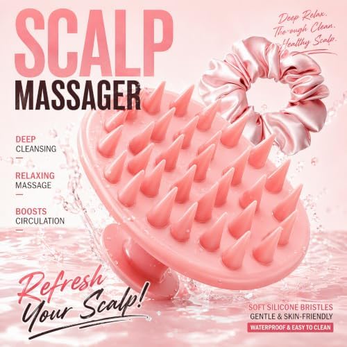 Scalp Massager Shampoo Brush Scrubber with Satin Scrunchie - Image 2