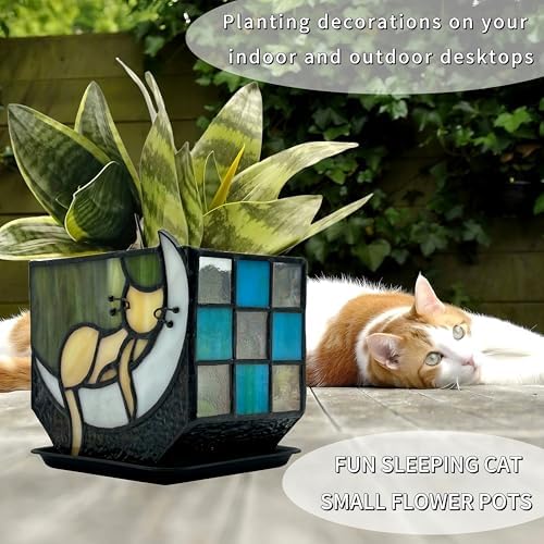 Tiffany Stained Glass Fun Moon Sleeping Cat Planter，Cactus Planter，Cute Planters for Indoor Plants,Decorative Flower Pots As Gifts for Cat Lovers，4.6x3x5.15 in - Image 4