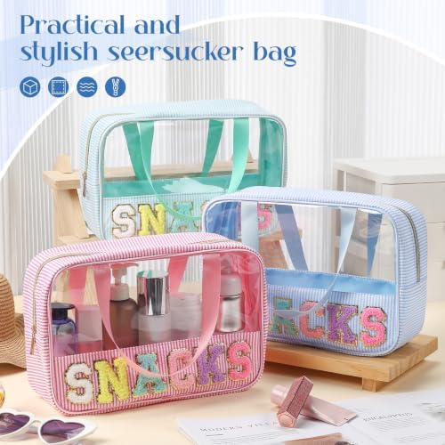 Sanwuta 3 Pcs Clear Seersucker Snacks Bag, Pink, Lake Blue, Light Blue - Image 4