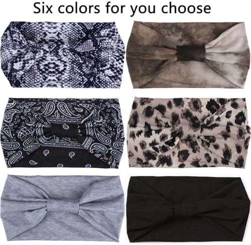 XTREND Wide Headband Fashion Bandana Boho Style Elastic Knotted Sweat Absorbent Non-Slip Headband Black Women Outdoor Yoga Sports Printed Hair Accessories 6 Packs - Image 3
