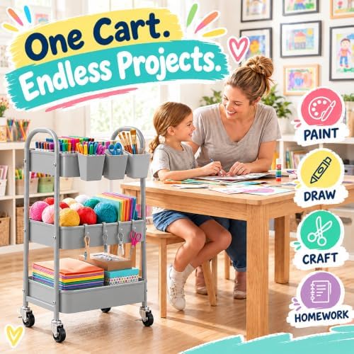3 Tier Gray Metal Rolling Cart, Three Tiered Storage Dorm Carts with Wheels - Image 3