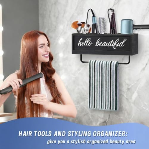 Hair Dryer Holder Wall Mounted, Hair Tools and Styling Organizer with Towel Bar, Farmhouse Beauty Hair Appliance Holder for Flat Iron, Curling Wand, Towel Rack (Black) - Image 3