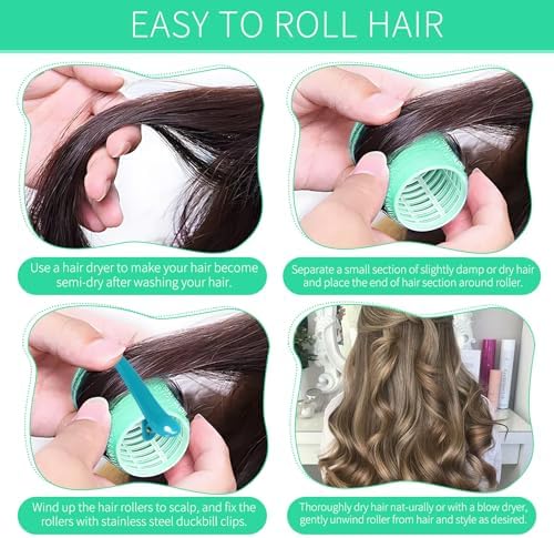 Hair Rollers, 12 Pack Self Grip Salon Hairdressing Curlers, DIY Curly Hairstyle, Large Rollers 1.57In Green - Image 5
