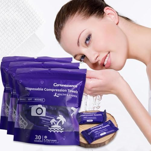 Cottonessence Premium Compressed Towels (90 count) - 30 Count (Pack of 3), 9.4" x 11.8", Portable Cotton Wipes Tablets, Individually Wrapped Coin Tissues for Travel Camping Hiking Outdoor Beauty Salon by CraftingHealthUnveilingBeauty