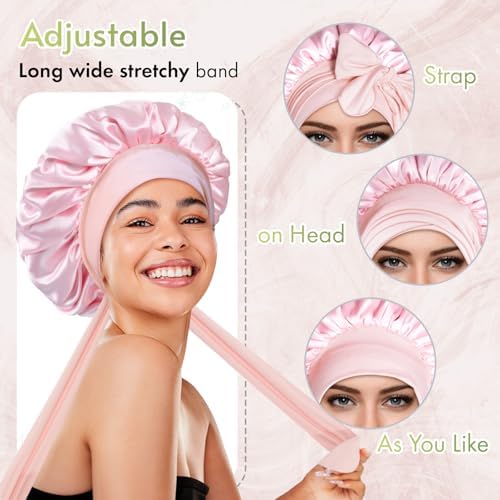 BONNET QUEEN Silk Bonnet for Sleeping Satin Bonnet with Tie Hair Wrap Double Layer Sleep Cap for Women Curly Hair, Jade Pink - Image 4