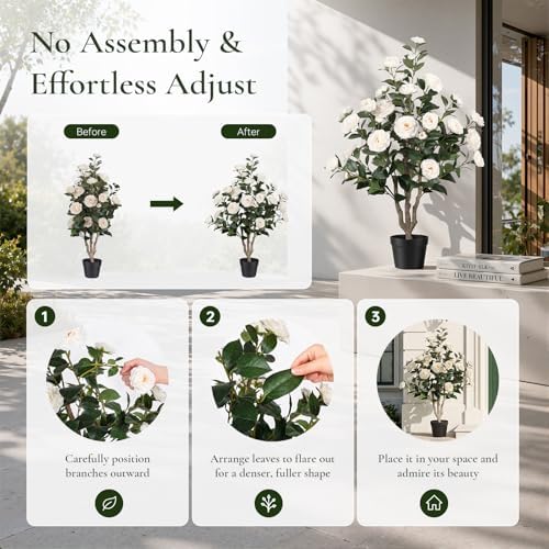 3FT Artificial Camellia Tree 2 Pack, UV Resistant Faux Camellia Plants with Realistic White Flowers, Tall Fake Potted Trees for Front Porch Patio Garden Home Decor, Indoor Outdoor - Image 5