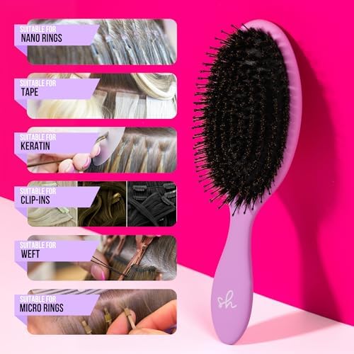 SimplyHair Ultimate Hair Extension Brush & Detangler Anti-Static, Dual Bristle Design, Soft Boar Bristle, Great for All Hair Types & Extensions - Pink & Purple Ombre Brush Ideal for Adults & Kids - Image 4
