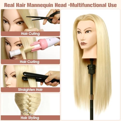 80% Mannequin Head Human Hair,26"Real Hair Cosmetology Mannequin Manikin Head Hair Styling Hairdressing Practice Training Doll Head with Clamp Holder and Tools(Blonde Hair Brown Eyes) - Image 4