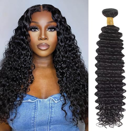Deep Wave Human Hair Bundles 22 Inch Deep Wave Bundles 100% Unprocessed Brazilian Virgin Hair 1 Bundles Curly Bundles Hair Extensions Real Human Hair Wavy Quick Weave Bundles Natural Black by Cenglou