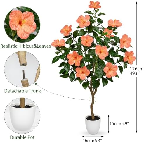 Briful Artificial Hibiscus Tree 4.13ft Tall Real Touch Fake Tree with Orange Flowers Potted Faux Plant Indoor Realistic Floor Plants for Front Porch Outdoor Home, Patio Decor - Image 2