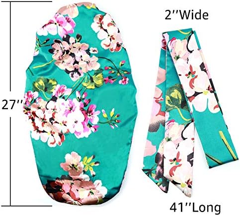 2pcs Extra Long Satin Bonnet Sleep Cap for Women, Double-Layer Silky Hair Bonnet for Braids/Dreadlocks/Curly/Long Hair with Tie Band (Green Flora & Purple Floral) - Image 2