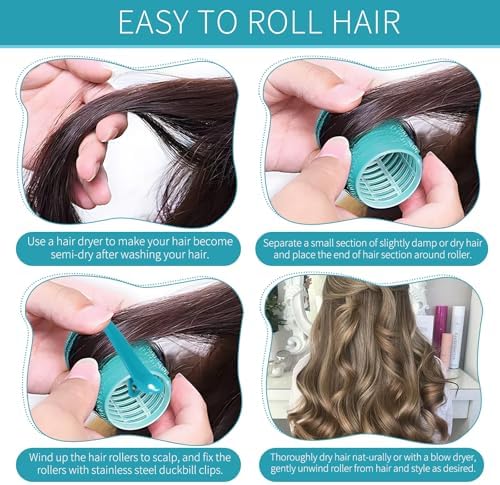 Hair Rollers, 12 Pack Self Grip Salon Hairdressing Curlers, DIY Curly Hairstyle, Large Rollers 1.57In Blue-Green - Image 5