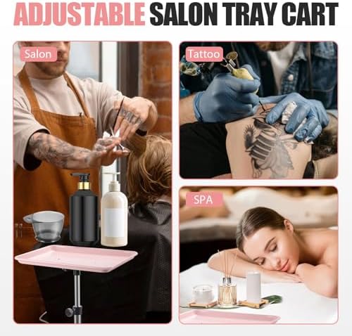 Salon Tray On Wheels Tattoo Tray Rolling Trolley Adjustable Height Storage Utility Cart for Clinic Spa Rolling Tray (Black) (Pink) - Image 7