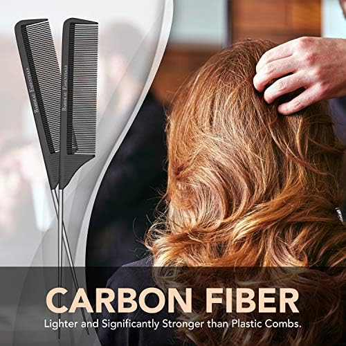 Professional 8.8 Inch Tail Comb (5 Pack) - Black Carbon Fiber and Stainless Steel Pintail - Anti Static and Heat Resistant Teasing Comb - Lightweight for All Hair Types - Image 4
