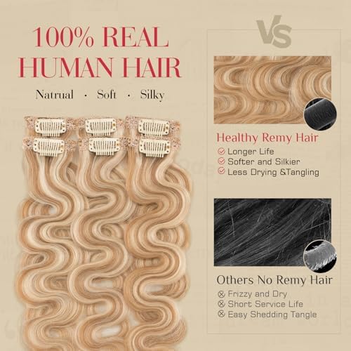 Rich Choices Short Clip In Hair Extensions Real Human Hair-Wave/Curly 6 Pcs Single Clip Hairs Extensions For Women-Mini Clips Hairpieces-12 Inch #12P613 Golden Brown Highlighted Bleach Blonde - Image 4