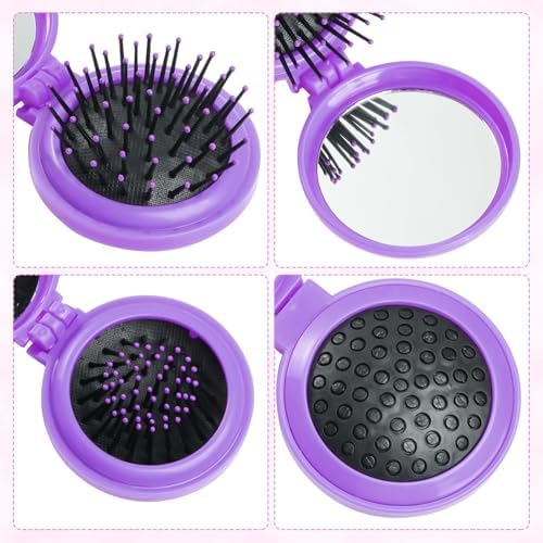 Heliltd 2pcs Folding Travel Mirror Pocket Hair Brushes, Round, Purple Black - Image 4