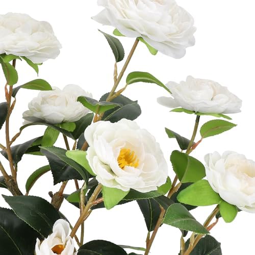 Romantic Season 2FT White Artificial Camellia Tree 2Pack, Faux Camellia Plant Fake Potted Camellia Flower Tree Plastic Camellia Tree for Modern Home Office Living Room Floor Décor - Image 2