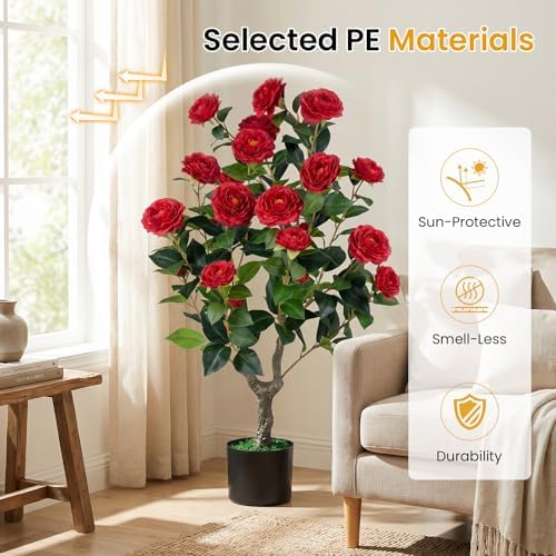 Goplus 35.5’’ Artificial Camellia Tree, Flower Plants Artificial Tree - Image 4