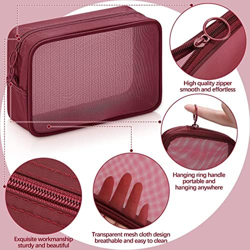 Weewooday 4Pcs Mesh Makeup Bag, Wine Red, Small, Large, Medium, Classic - Image 3