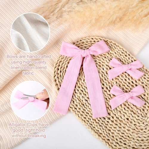 DEEKA Light Pink Cotton Linen Hair Bows 2 Sizes 5"&3.5" Soft Hair Bow set for Toddler Girls Long Ponytail Knot Bows Alligator Clip Hair Accessories for Little School Girls (Light Pink) - Image 2