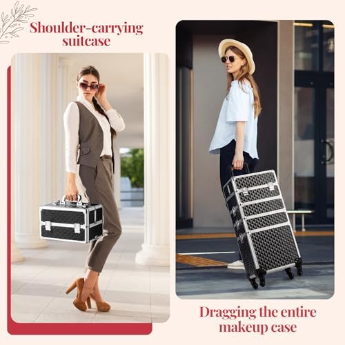 mefeir 4-in-1 Rolling Makeup Train Case Lift Handle,4 Removable Wheels Lockable Keys,Aluminum Cosmetic Trolley Beauty Stylist Artist Organizer Box,Ideal Xmas New Year Gift (Diamond Black) - Image 5