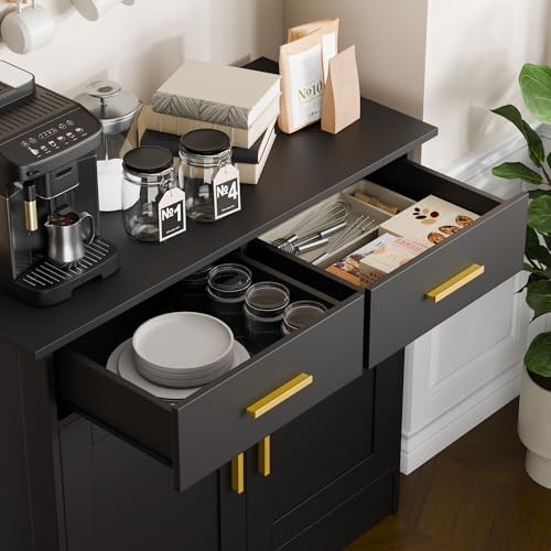 Buffet Cabinet with Storage - Buffets & Sideboards Kitchen Storage Cabinet, Wood Console Table Coffee Bar Accent Cabinets for Living Room Dining Room Entryway Small 2 Doors & Drawers, Black 35.4"W - Image 4